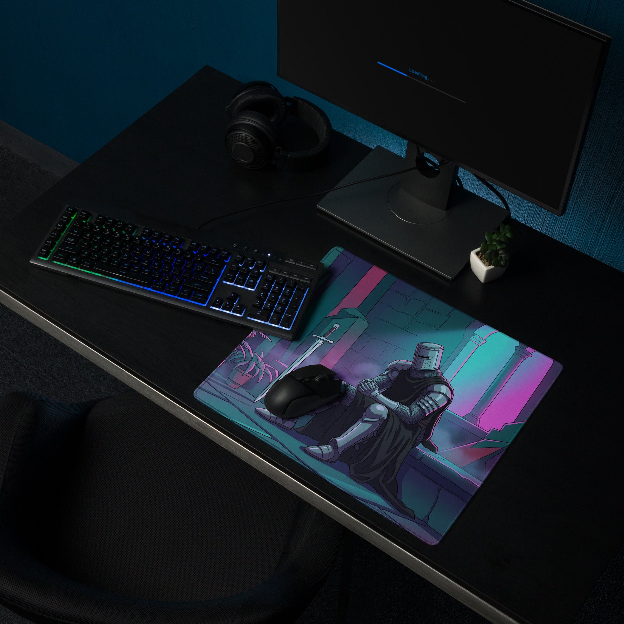Vibrant neon pink and teal knight vaporwave gaming mouse pad with armored knight and sword on dark desk surface