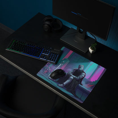 Vibrant neon pink and teal knight vaporwave gaming mouse pad with armored knight and sword on dark desk surface