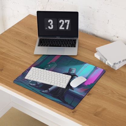 Vibrant gamer mouse pad with stylized armored knight design in teal purple and pink vaporwave gradients for desk use