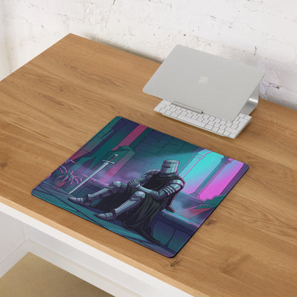 A rectangular gaming mousepad featuring a knight illustration with teal and pink neon vaporwave colors for desk use