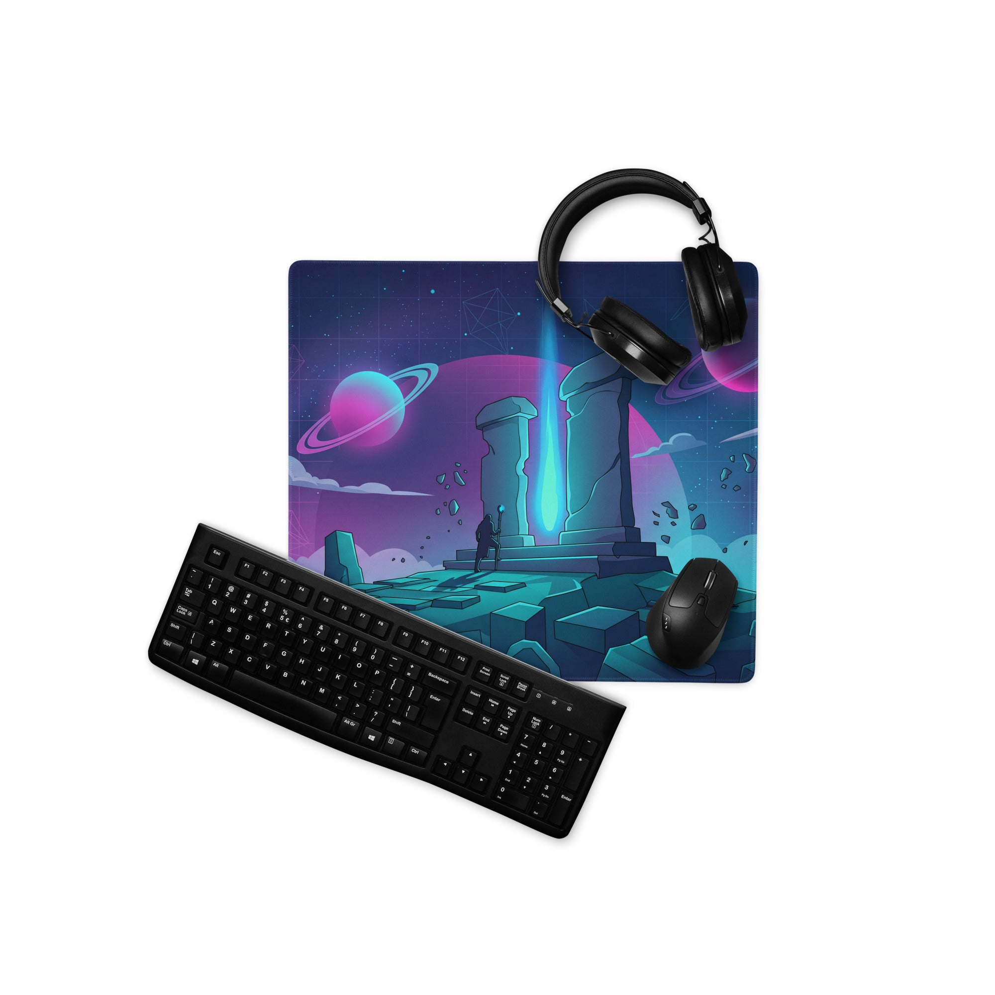 Navy blue and purple cosmic-themed gaming mousepad with glowing alien ruins design vaporwave neon galaxy style