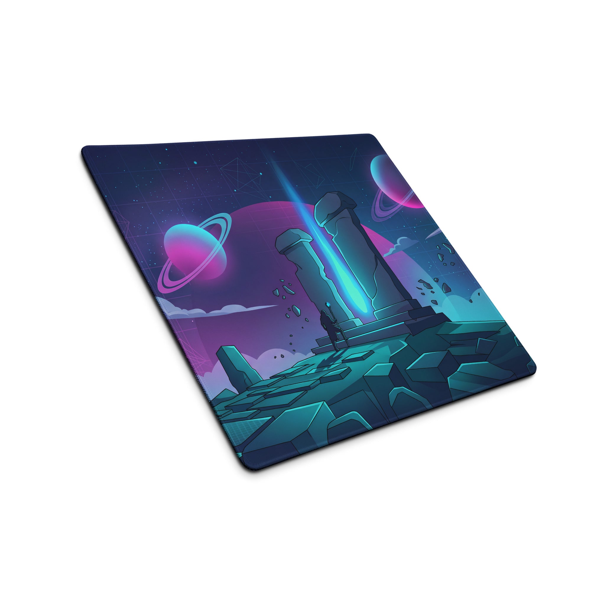 Vaporwave neon galaxy gaming mouse pad with vibrant purple and teal nebula design featuring planets and ancient pillars