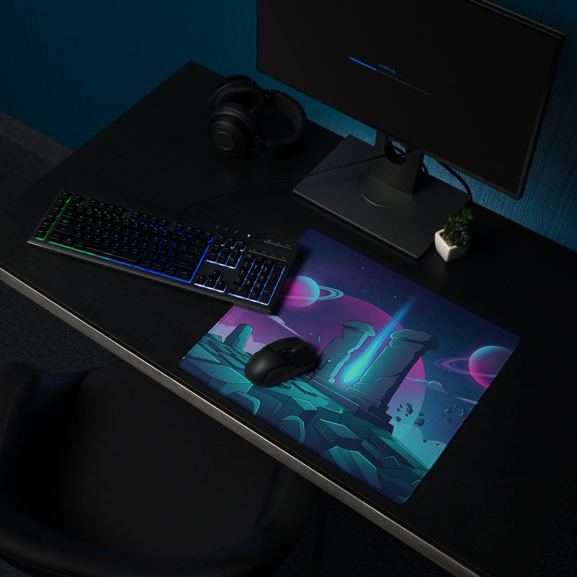 Vaporwave neon galaxy gaming mouse pad with glowing purple teal planets ancient stone ruins and blue beam design