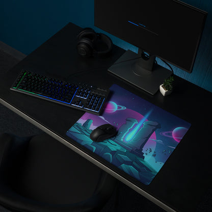 Vaporwave neon galaxy gaming mouse pad with glowing purple teal planets ancient stone ruins and blue beam design