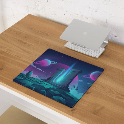 Navy blue rectangular vaporwave neon galaxy mouse pad with vibrant teal ruins pink and purple planets for gaming desk decor