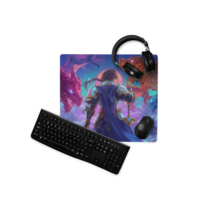 Vaporwave dragon arena mouse pad with vibrant knight and dragons design in purple pink and blue for gaming desks