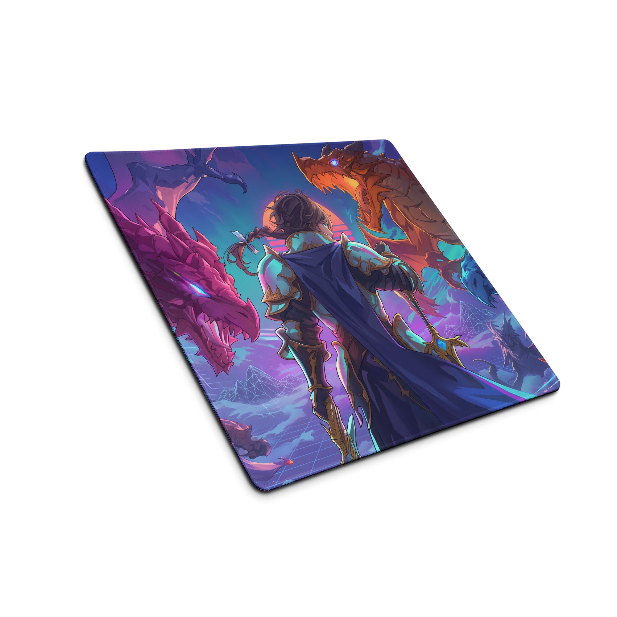 Vaporwave dragon arena mouse pad featuring a vibrant purple pink and blue fantasy knight and two dragons design