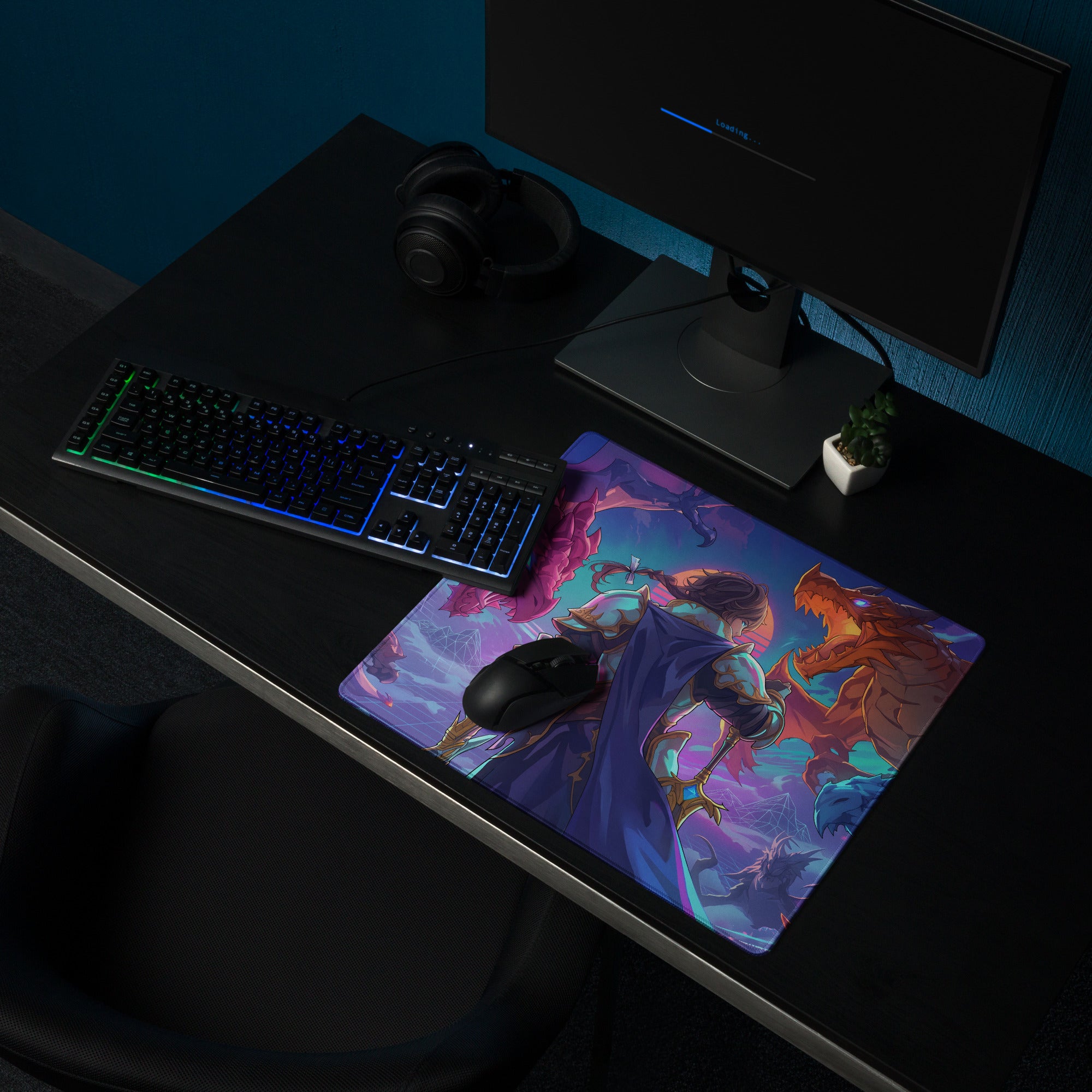 Vaporwave dragon arena gaming mousepad with vibrant purple warrior and orange dragon on cosmic neon background