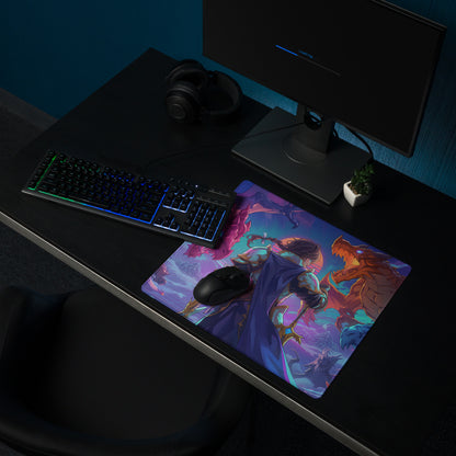 Vaporwave dragon arena gaming mousepad with vibrant purple warrior and orange dragon on cosmic neon background