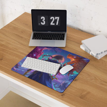 Vaporwave dragon arena gaming mouse pad with vibrant purple blue orange gold dragon and character illustration