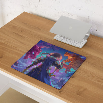Vaporwave dragon arena mouse pad with vibrant warrior and dragon illustration in purple pink and blue smooth surface