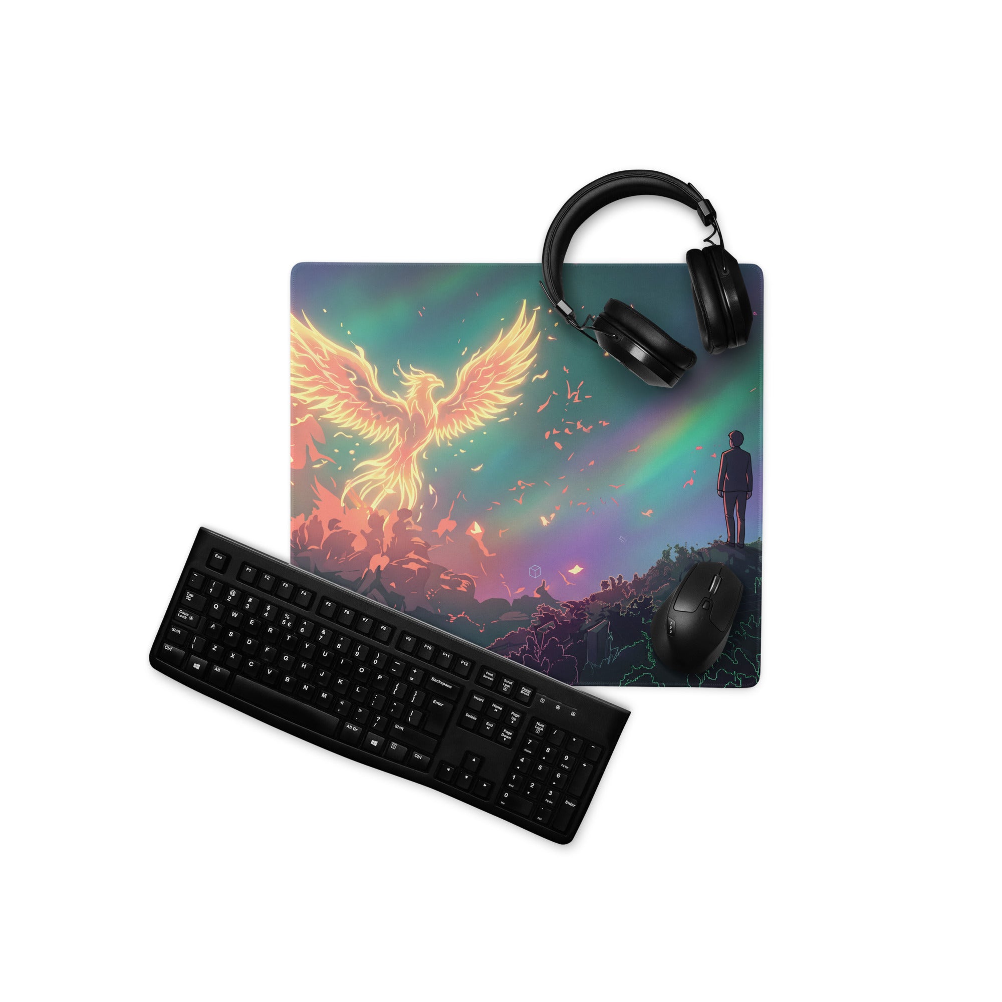 Vaporwave phoenix aesthetic rectangular gaming mousepad with golden phoenix over aurora sky in purple pink blue neon tones