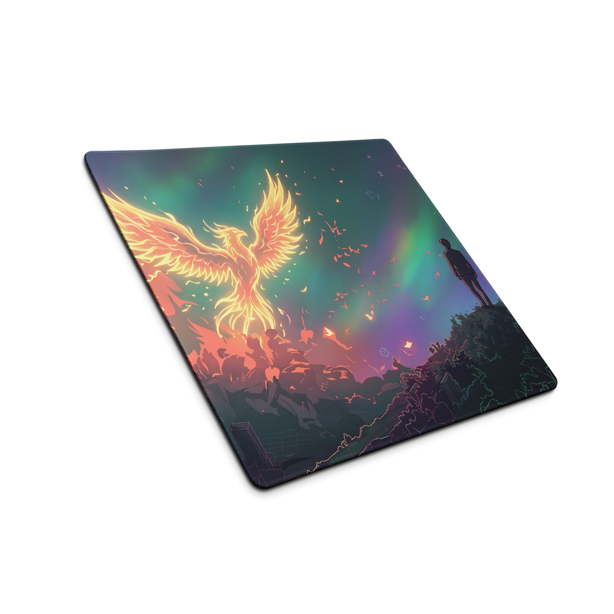 Vibrant rectangular vaporwave phoenix aesthetic gaming mousepad with fiery phoenix and purple teal gradient sky design