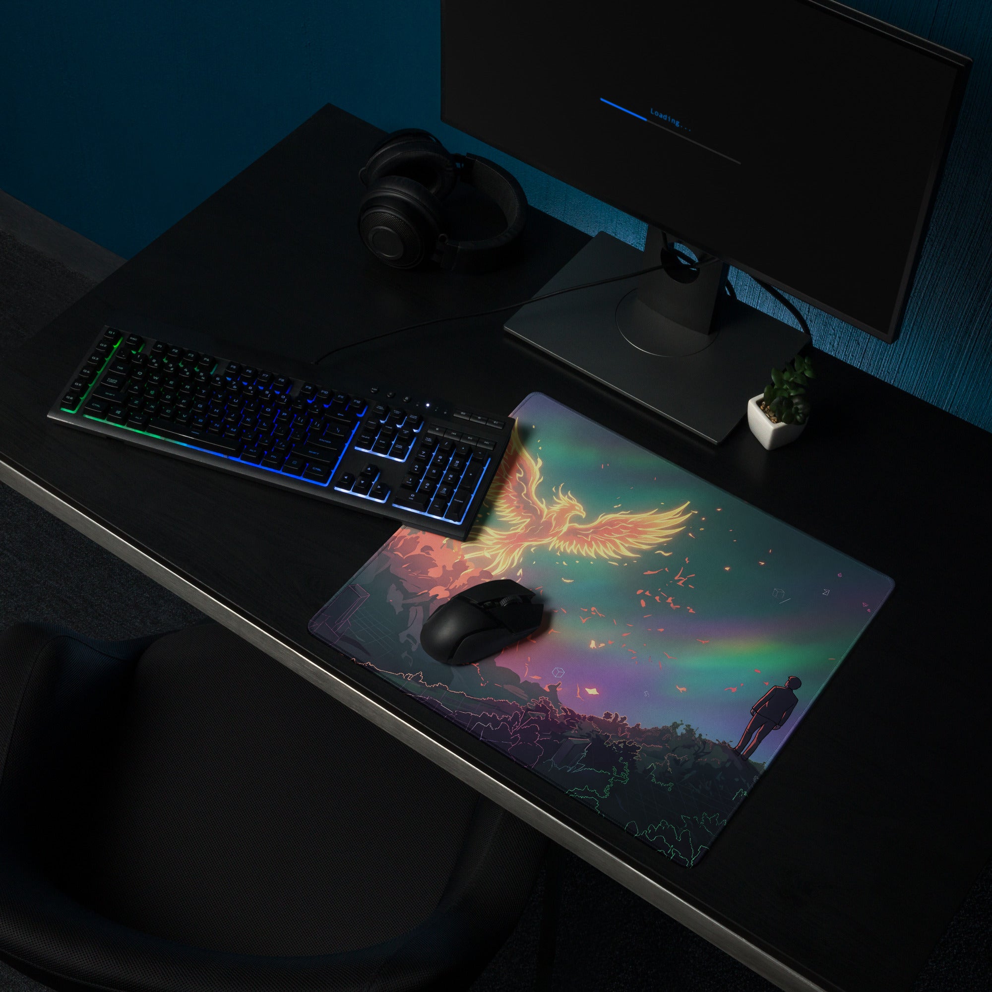 Vaporwave phoenix aesthetic gaming mouse pad with glowing phoenix over person silhouette in purple pink blue neon colors