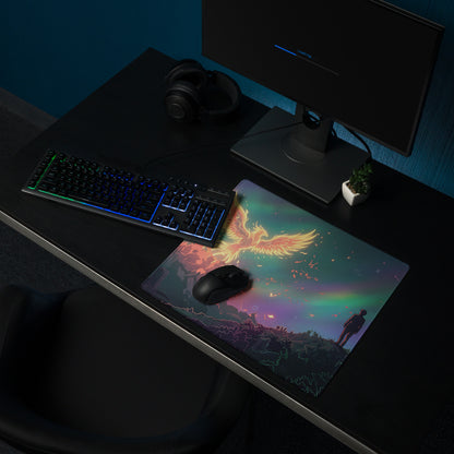 Vaporwave phoenix aesthetic gaming mouse pad with glowing phoenix over person silhouette in purple pink blue neon colors