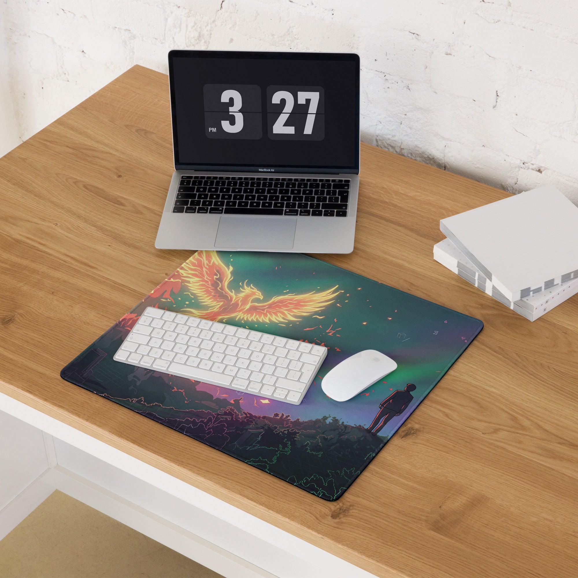 Vaporwave phoenix aesthetic mouse pad with fiery phoenix above person silhouette on cliff in purple pink blue neon colors