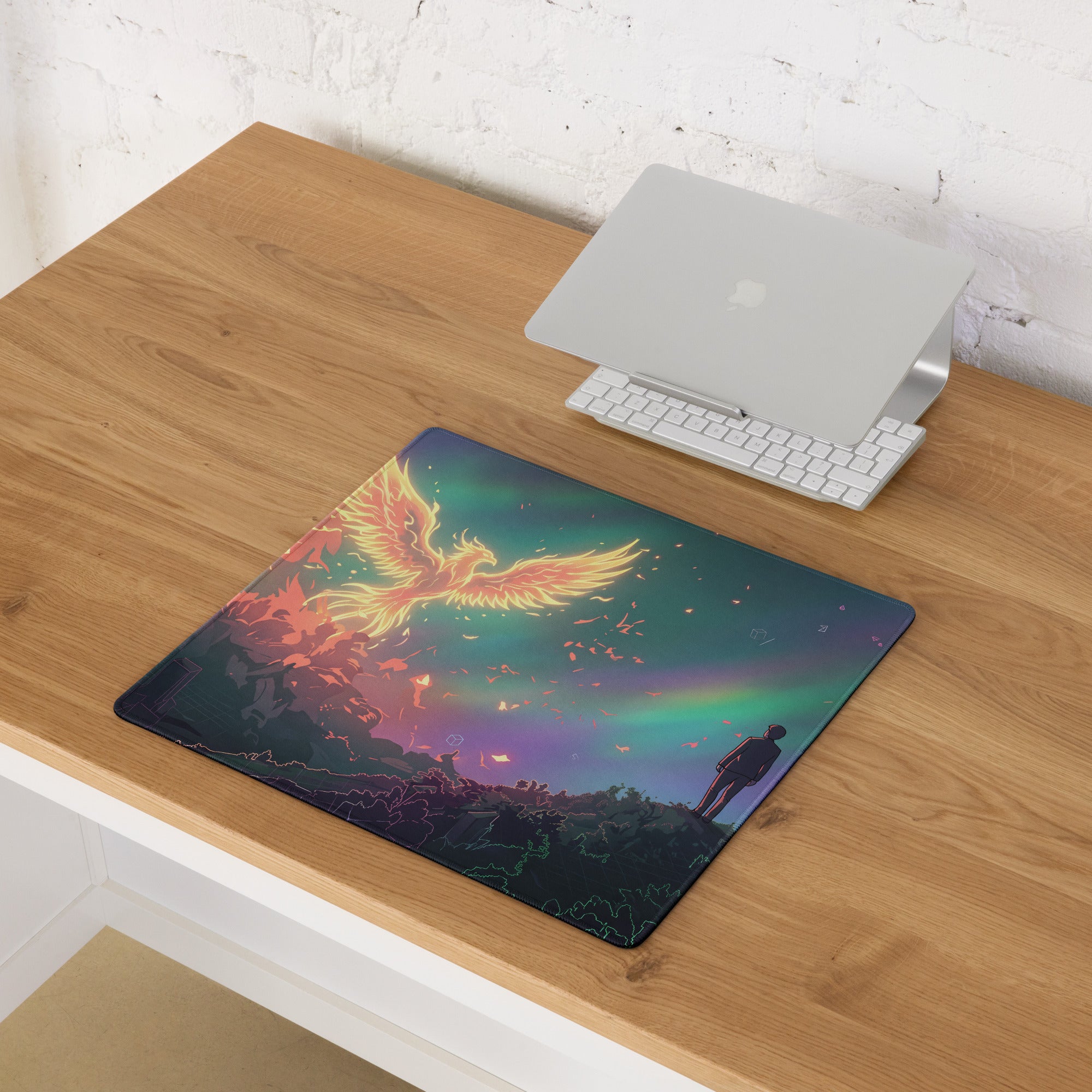 Vaporwave phoenix aesthetic gaming mouse pad with glossy finish featuring fiery orange and gold wings on purple teal sky