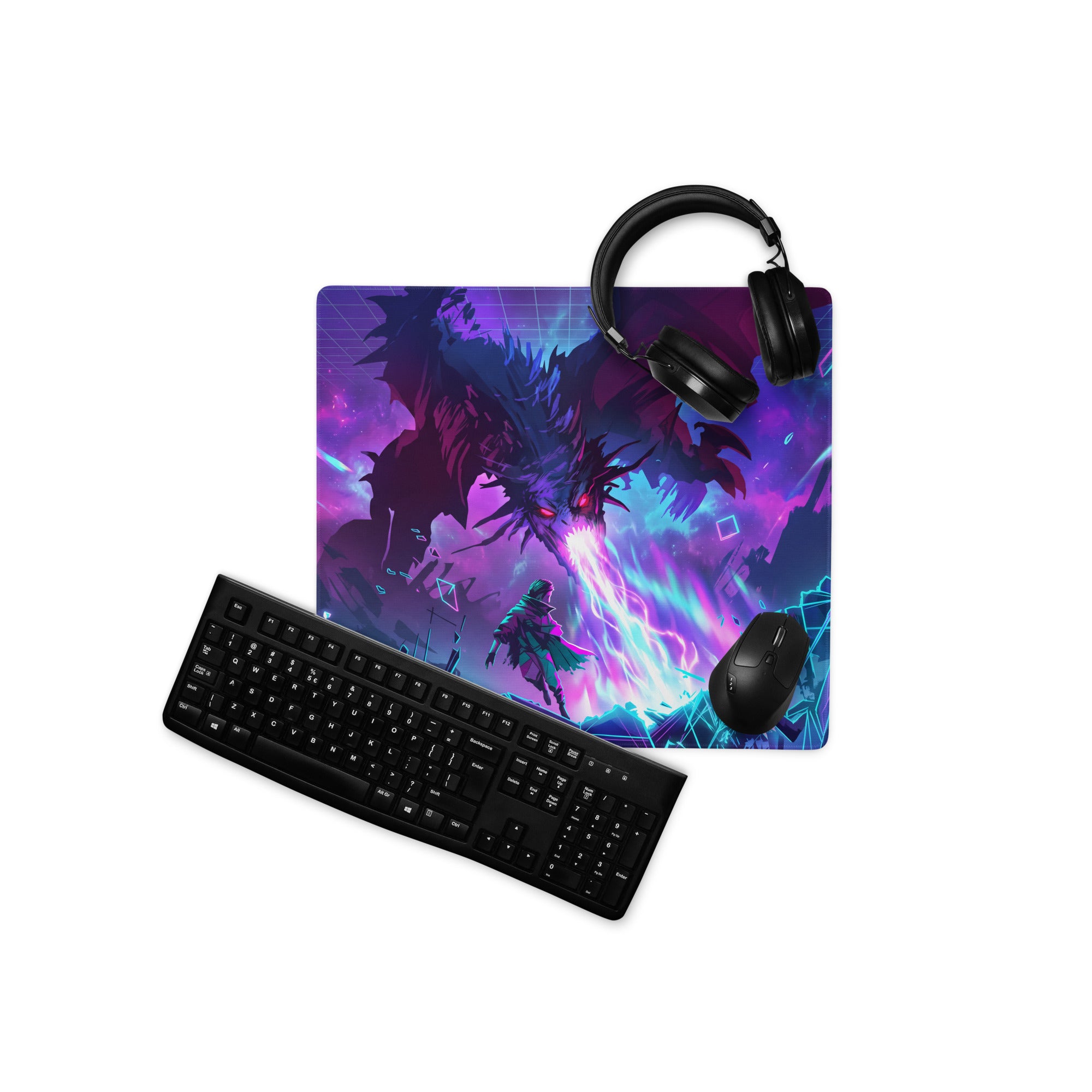 Neon dragon vaporwave mouse pad with vibrant purple and blue dragon battle design and black keyboard and headset resting on it