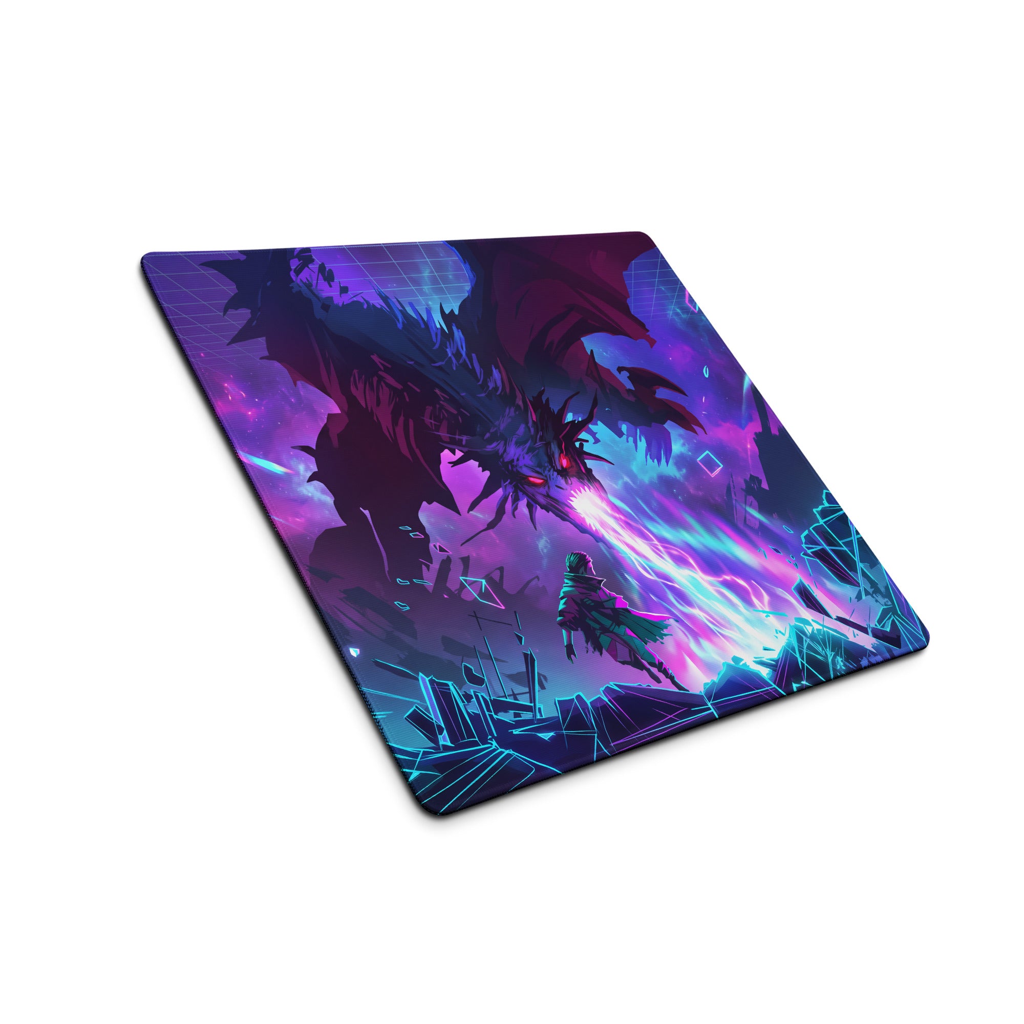 Neon dragon vaporwave mouse pad featuring vibrant neon purple and blue fantasy dragon battle digital art design