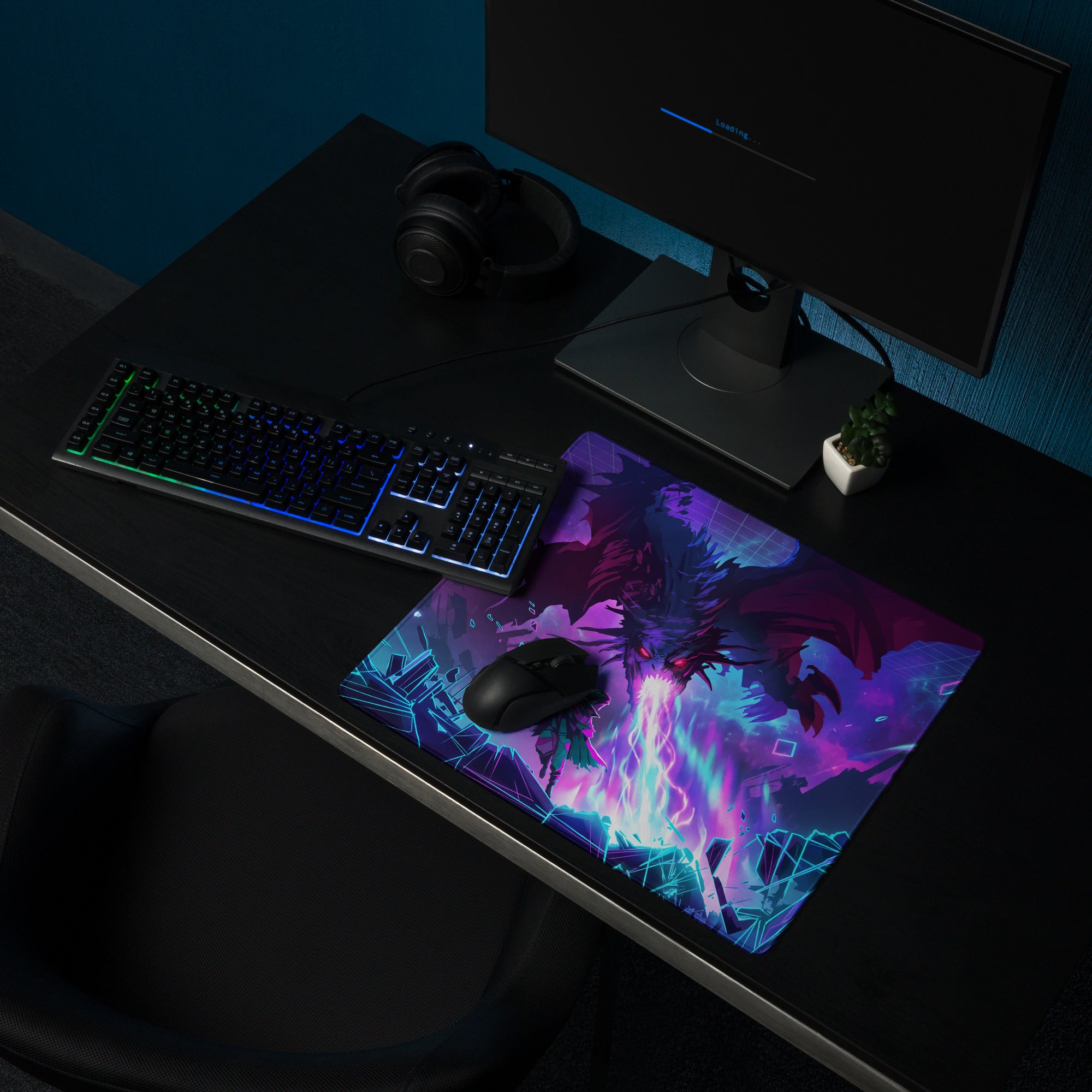 Neon dragon vaporwave purple and blue gaming mousepad with vibrant dragon design for retro cyberpunk desk setup