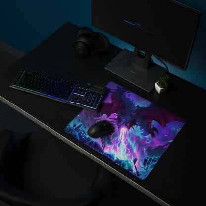 Neon dragon vaporwave purple and blue gaming mousepad with vibrant dragon design for retro cyberpunk desk setup