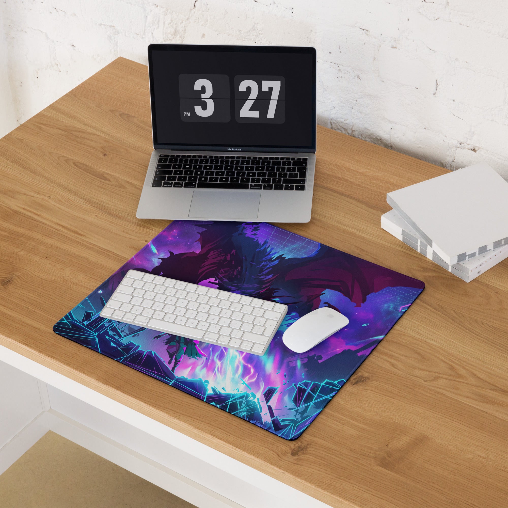Neon dragon vaporwave gaming mouse pad with vibrant purple and blue cosmic design and glowing neon vaporwave art