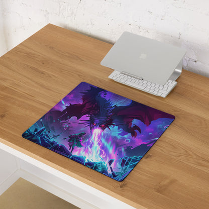Neon dragon vaporwave mouse pad featuring vibrant purple and blue neon dragon design with glossy finish for gaming desk