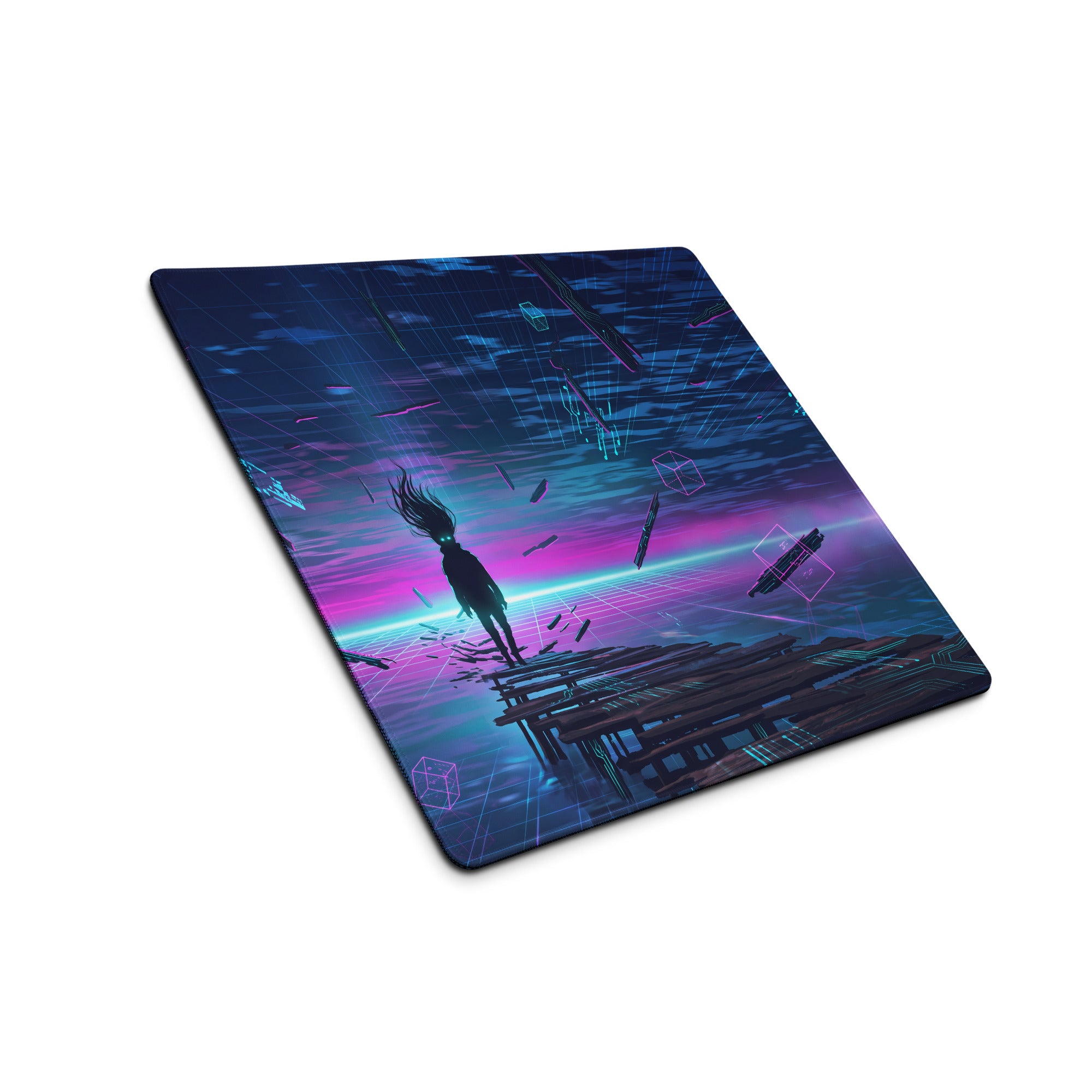 Navy blue and magenta neon cyberpunk rectangular mousepad with silhouette on wooden planks against digital horizon