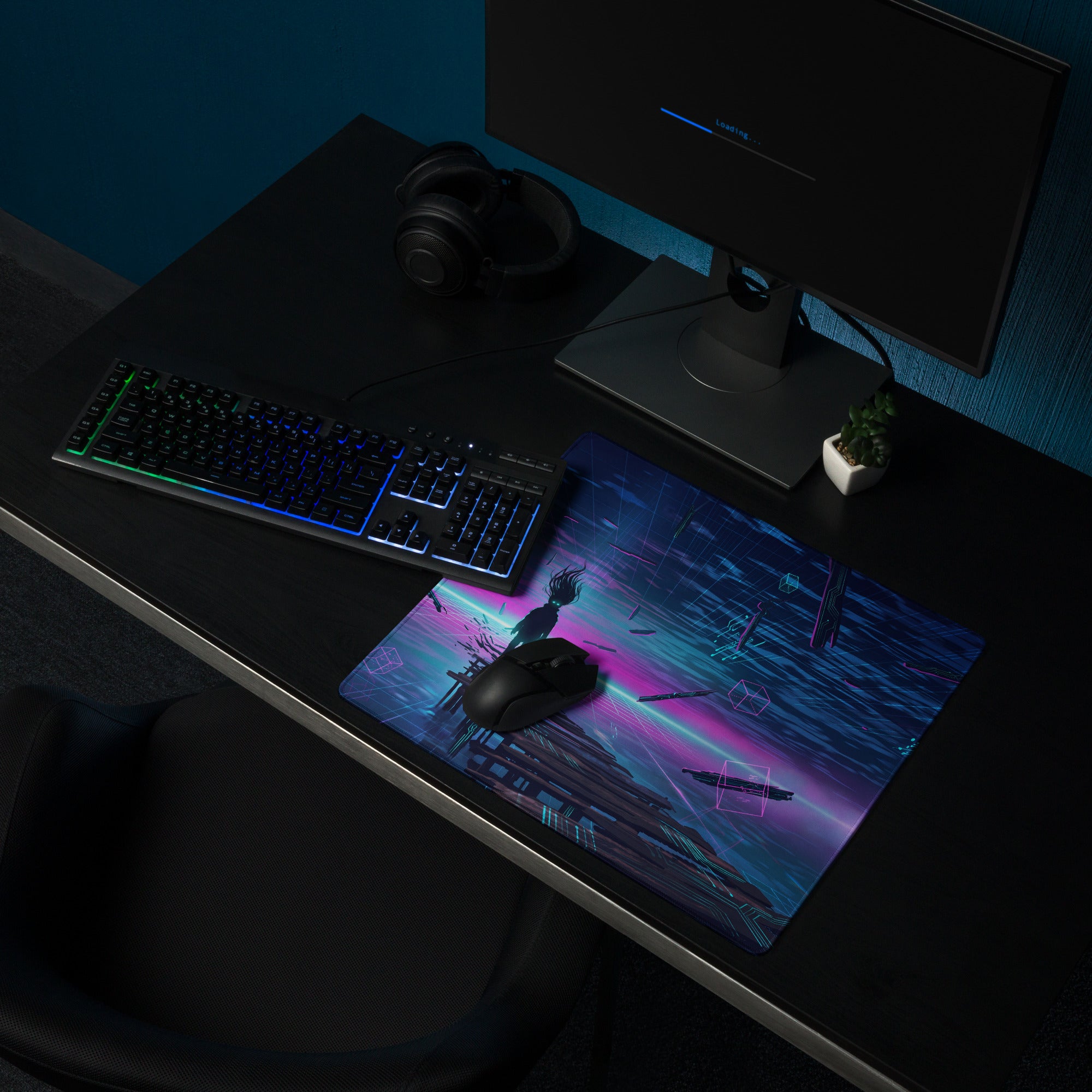Neon vaporwave desk mat navy blue and magenta cyberpunk gaming mousepad with glossy finish for retro futurism setup