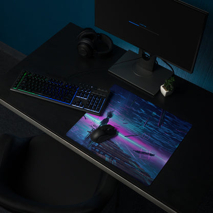 Neon vaporwave desk mat navy blue and magenta cyberpunk gaming mousepad with glossy finish for retro futurism setup