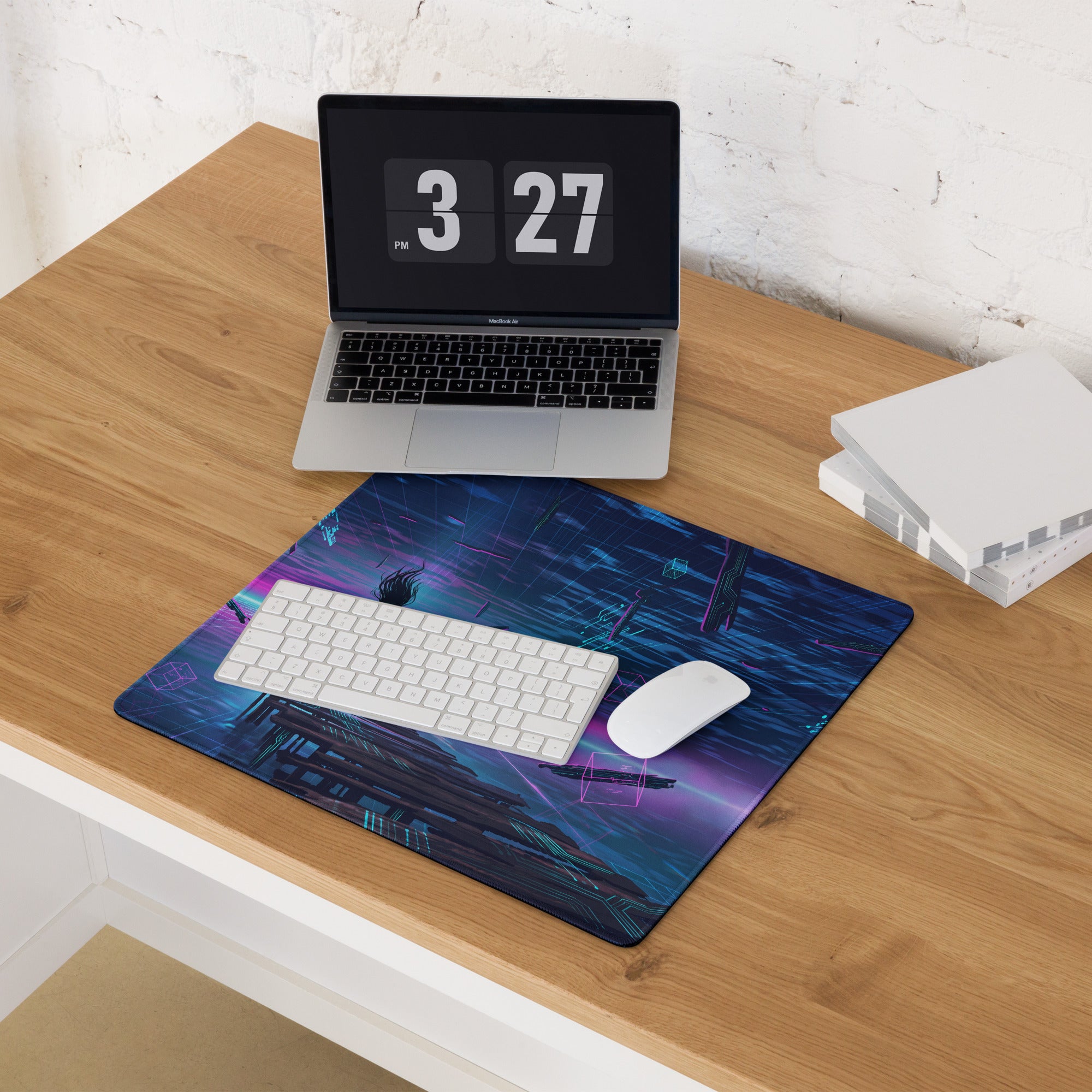 Navy blue and purple neon vaporwave desk mat with glowing cyberpunk accents for gaming and retro decor