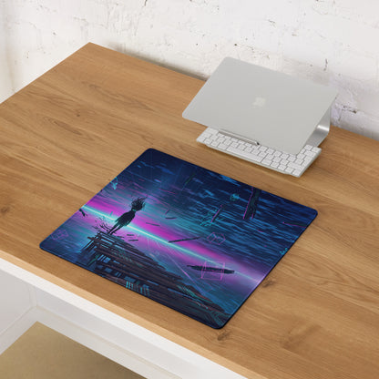 Neon vaporwave desk mat featuring a nebula-themed gaming mousepad with a silhouette on vibrant purple pink and blue background