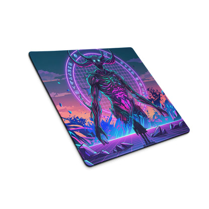 Neon vaporwave skull gaming mouse pad with nebula theme and glowing cyberpunk demon in purple pink and cyan colors