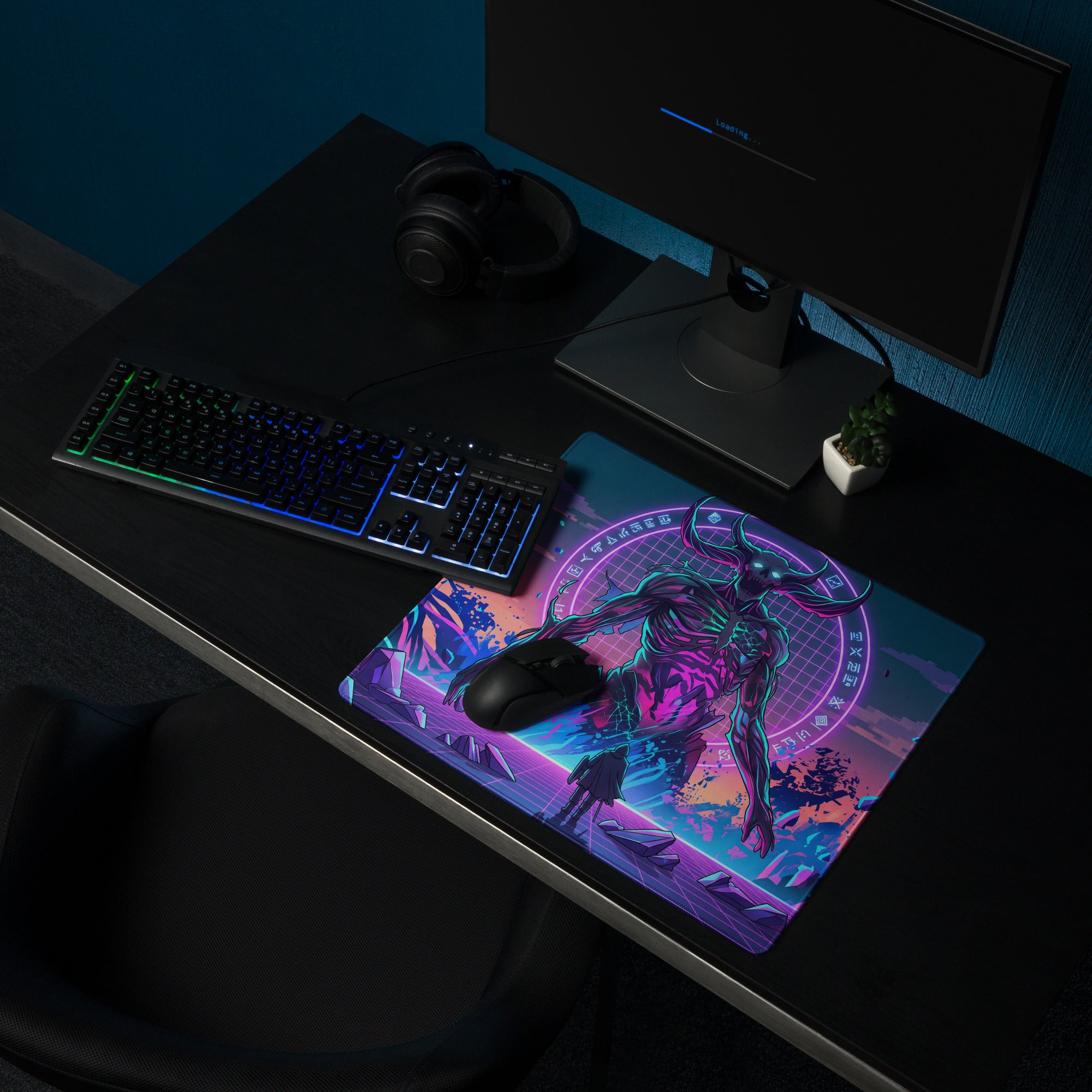 Vibrant neon pink and purple cyberpunk gaming mousepad with demonic horned figure and futuristic grid background