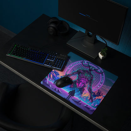 Vibrant neon pink and purple cyberpunk gaming mousepad with demonic horned figure and futuristic grid background