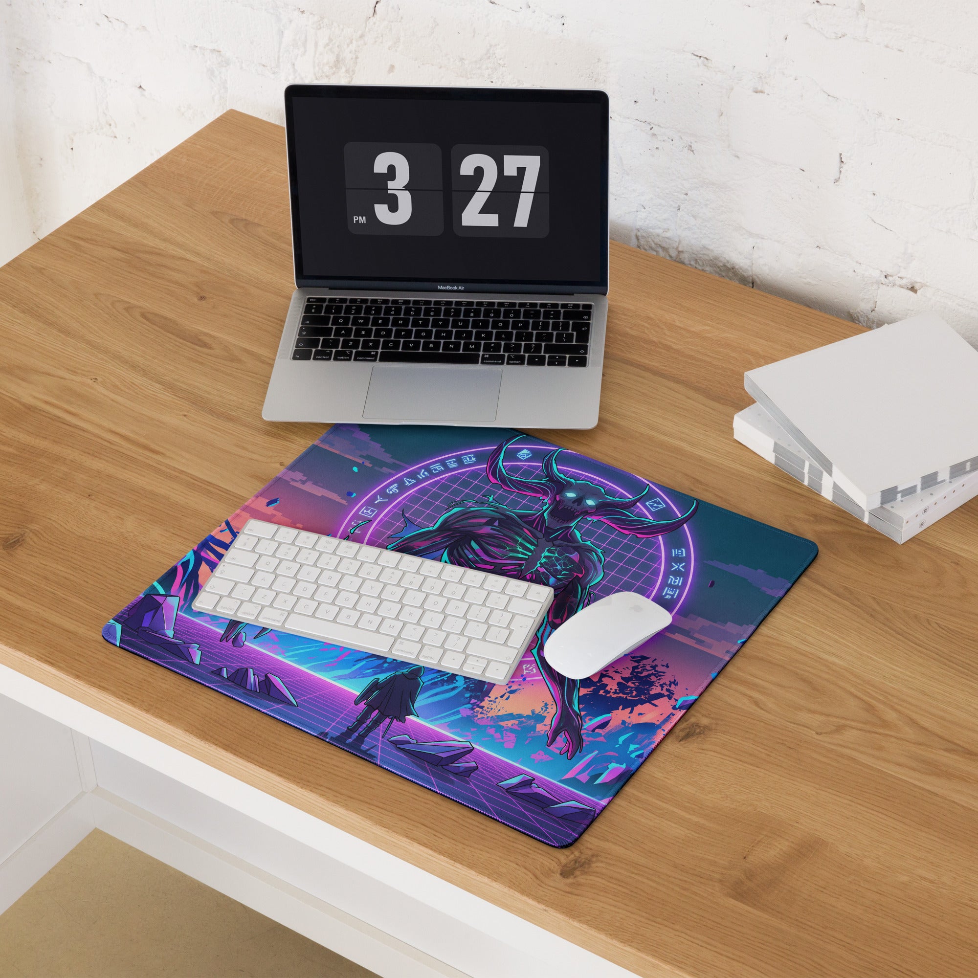 Neon vaporwave skull mouse pad in purple pink and cyan featuring a glowing horned alien on a wooden desk setup