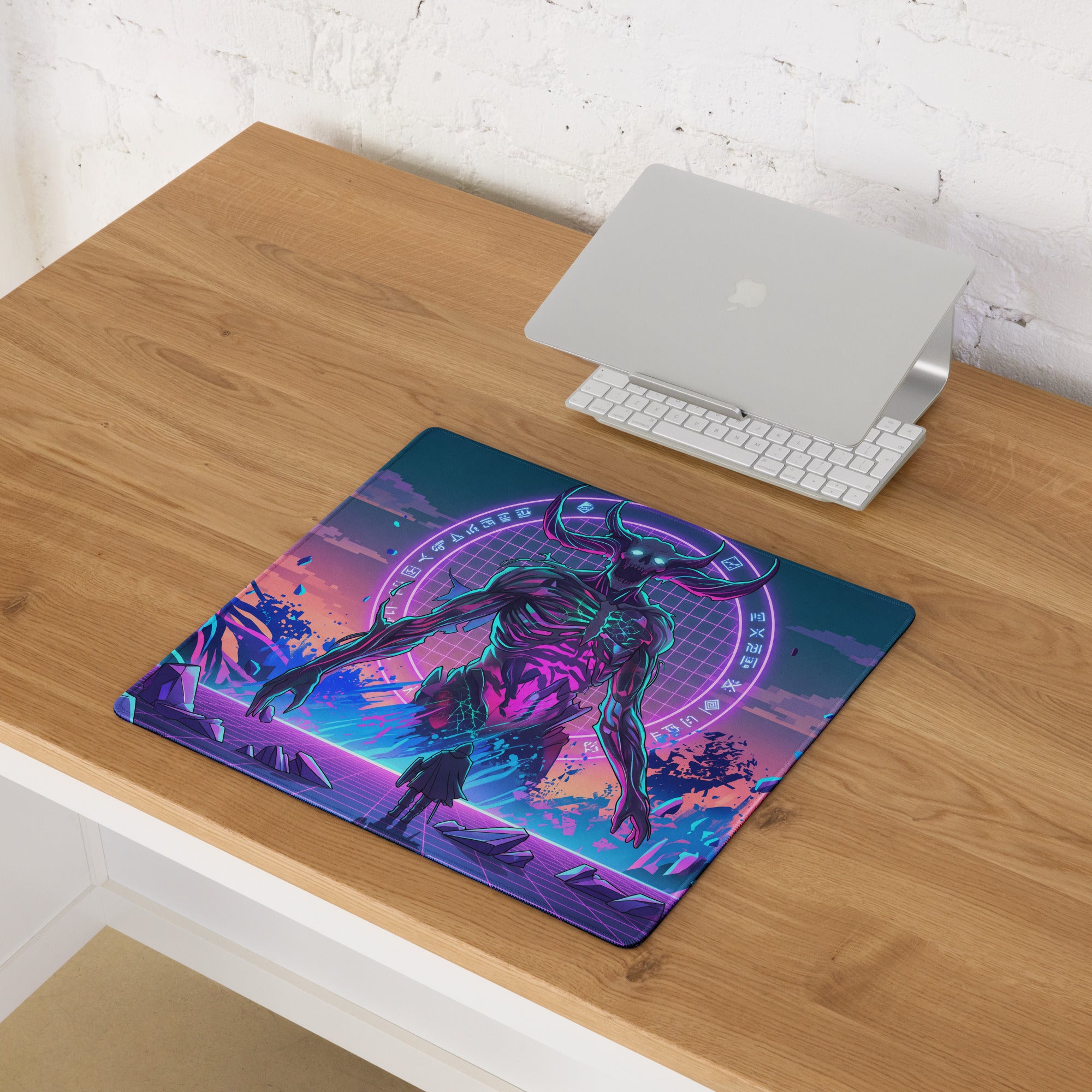 A vibrant rectangular gaming mousepad with a neon pink purple cyberpunk demon design and glowing circular patterns