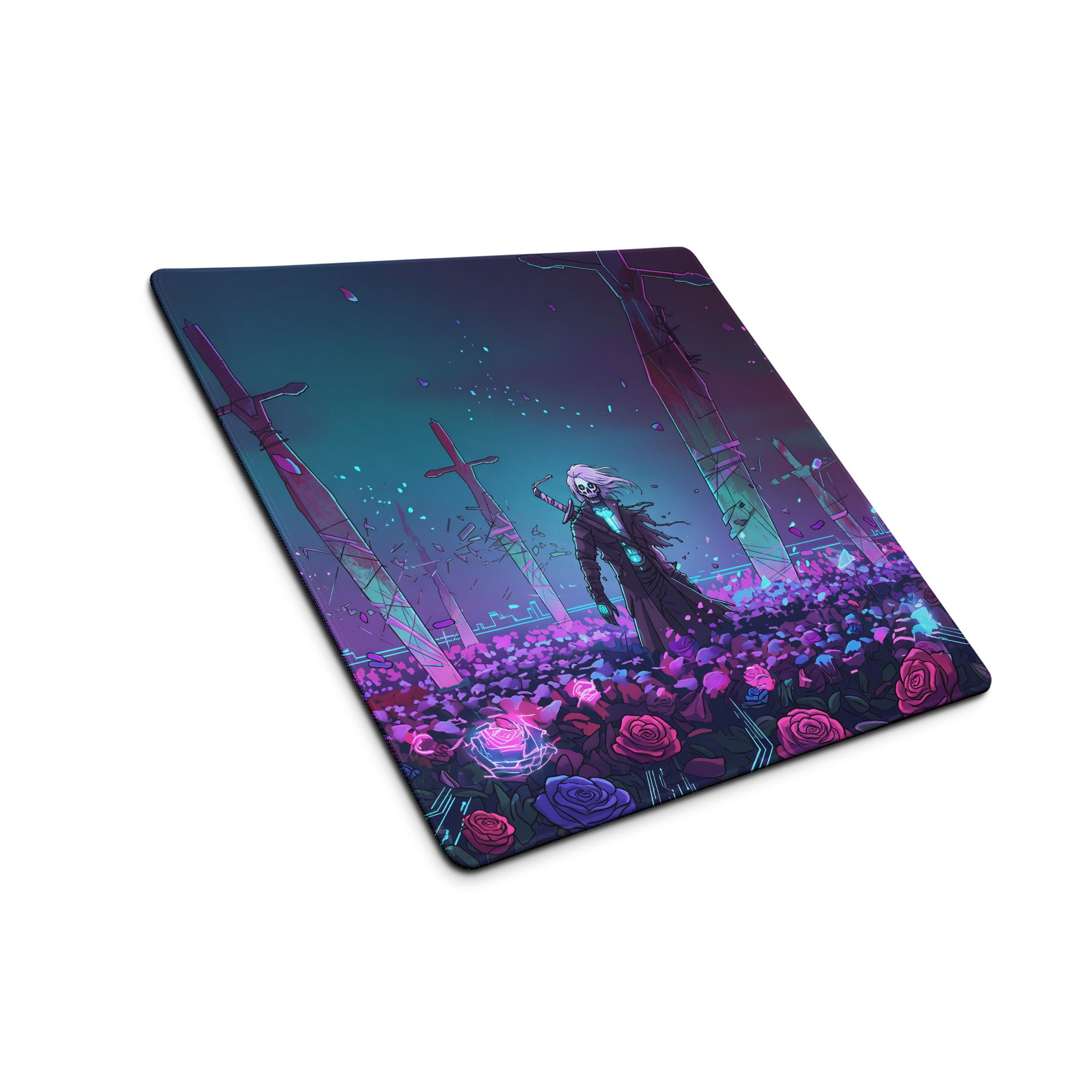 Neon vaporwave desk pad featuring a vibrant purple pink teal anime skeletal figure with swords and glowing roses digital art