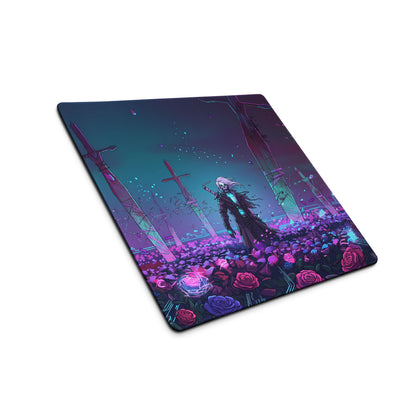 Neon vaporwave desk pad featuring a vibrant purple pink teal anime skeletal figure with swords and glowing roses digital art