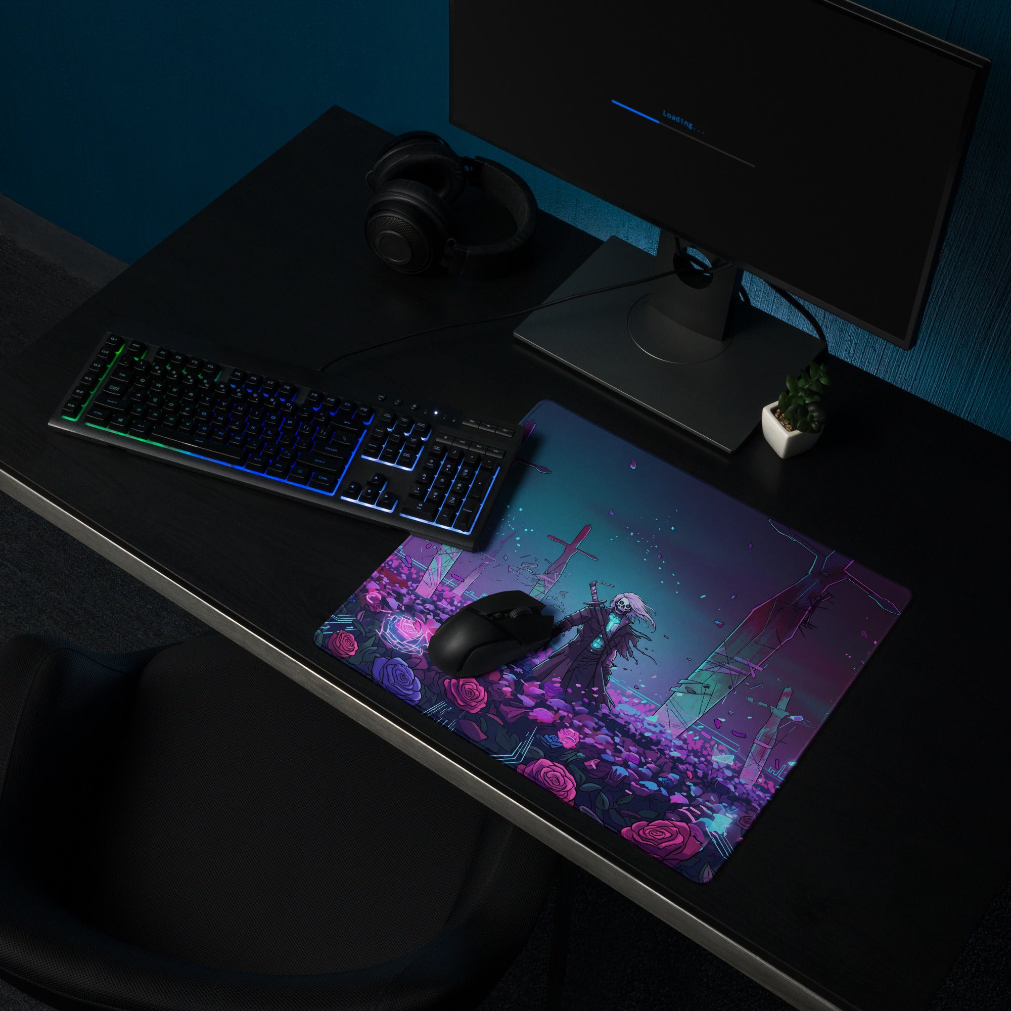 A vibrant rectangular gaming mousepad with anime character in graveyard surrounded by glowing roses in neon purple hues