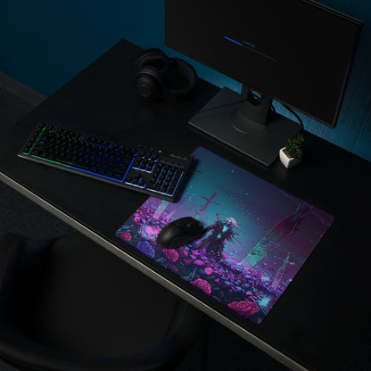 A vibrant rectangular gaming mousepad with anime character in graveyard surrounded by glowing roses in neon purple hues