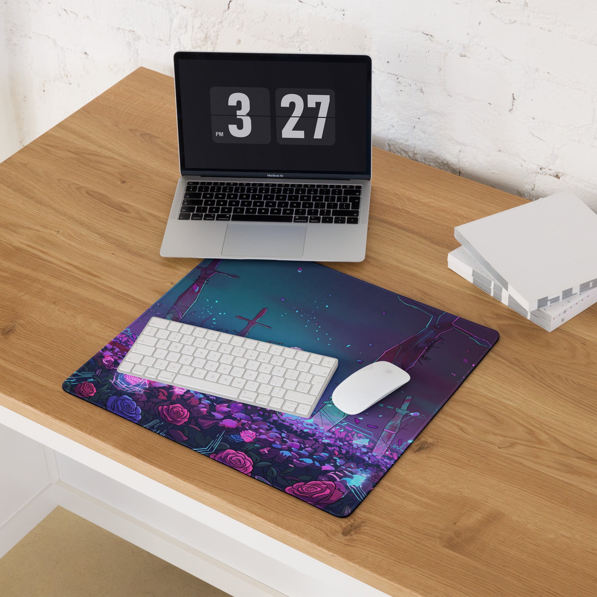 Neon vaporwave desk pad featuring a vibrant surreal design with glowing purple and pink roses on dark teal background
