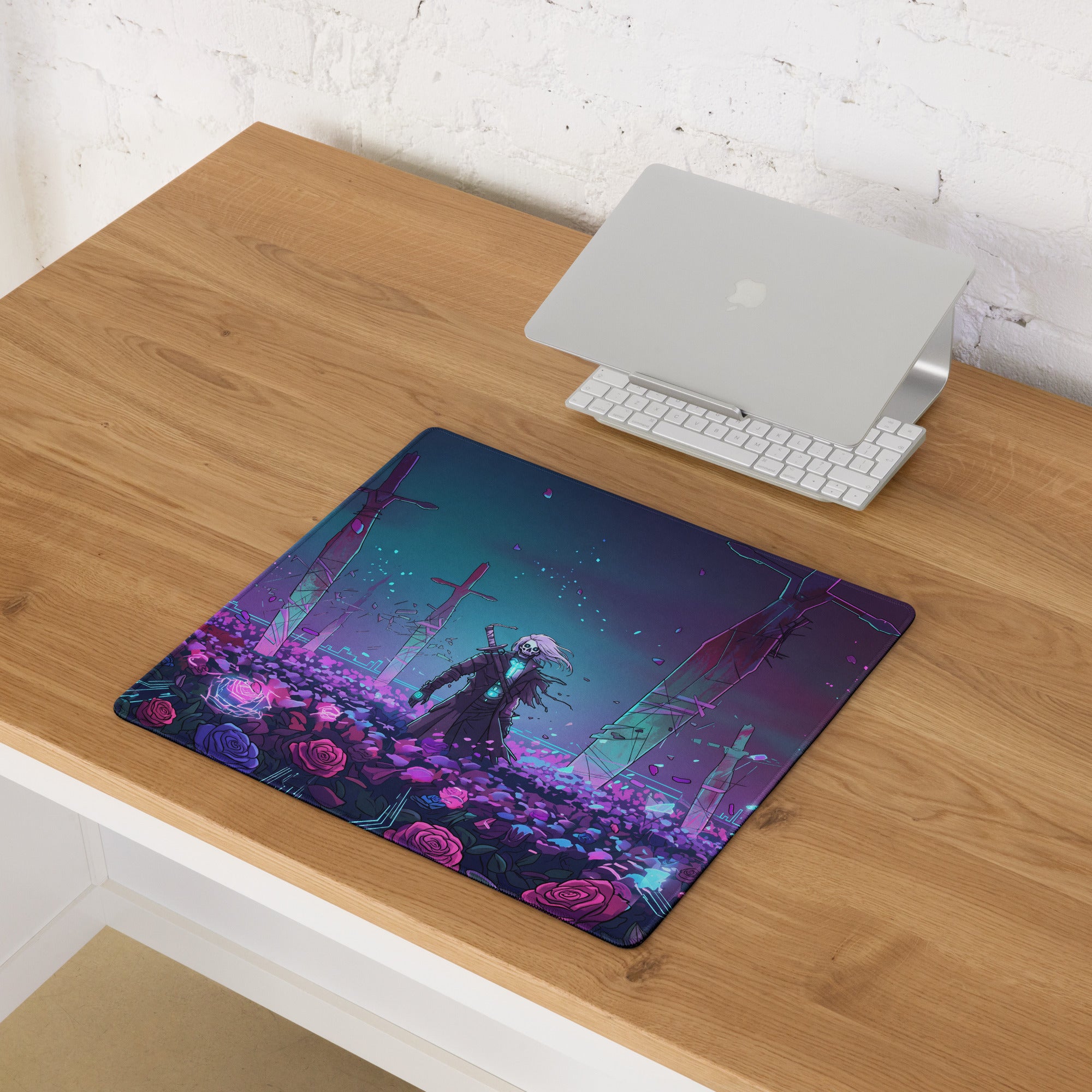 Vibrant purple and pink vaporwave gaming mousepad with stylized character design for retro futurism desk setup