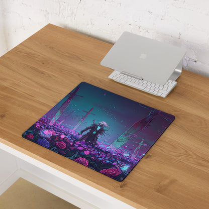 Vibrant purple and pink vaporwave gaming mousepad with stylized character design for retro futurism desk setup