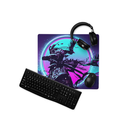 Vibrant purple and teal vaporwave neon night gaming mouse pad with stylized samurai warrior design for cyberpunk desks