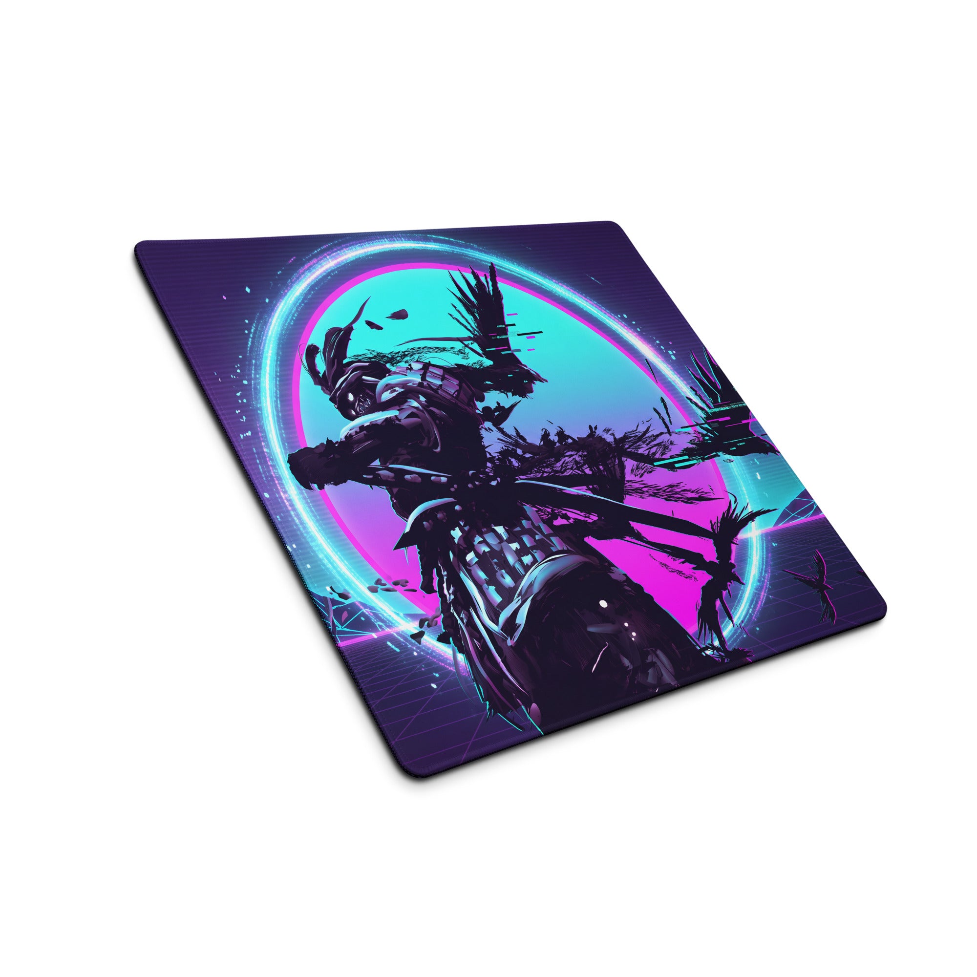 Vaporwave neon night gaming mouse pad with vibrant neon pink and cyan circular design featuring a dark-armored warrior