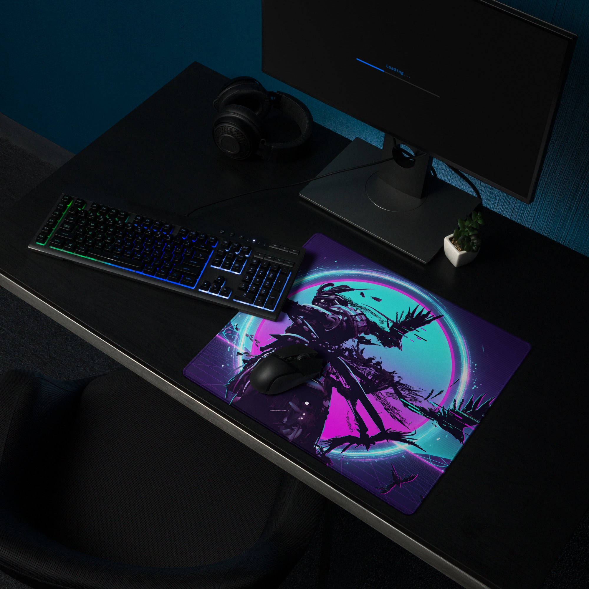 Vaporwave neon night gaming mousepad with vibrant pink and teal colors featuring a fantasy warrior silhouette