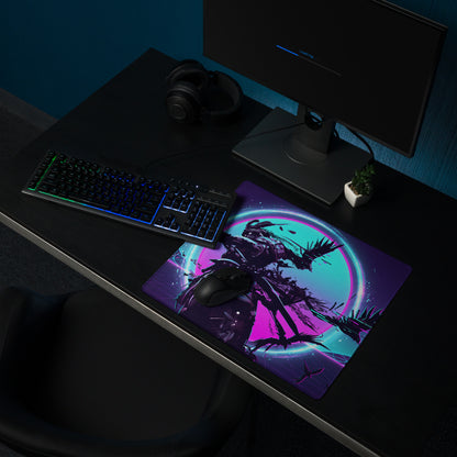 Vaporwave neon night gaming mousepad with vibrant pink and teal colors featuring a fantasy warrior silhouette