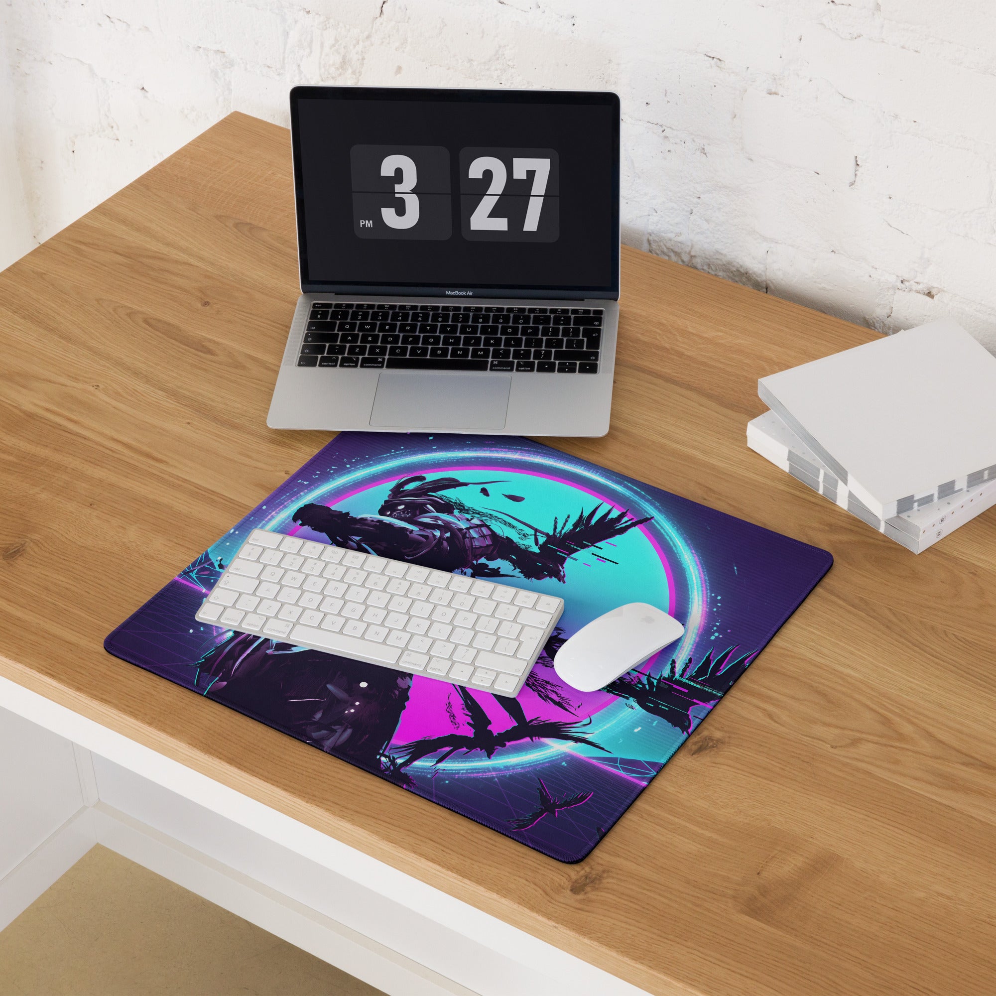 Vibrant purple and teal gaming mousepad with stylized cyberpunk character design for neon dreamscape setups