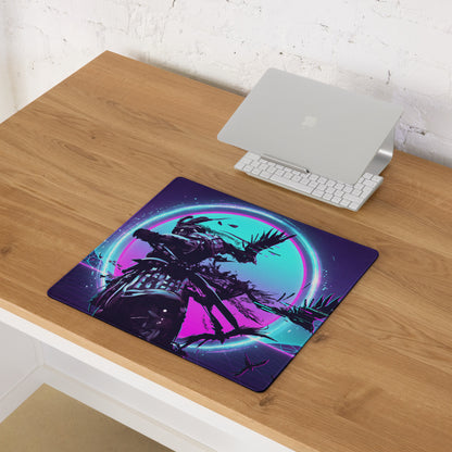 Vaporwave neon night gaming mouse pad with stylized warrior silhouette in purple pink and cyan neon colors